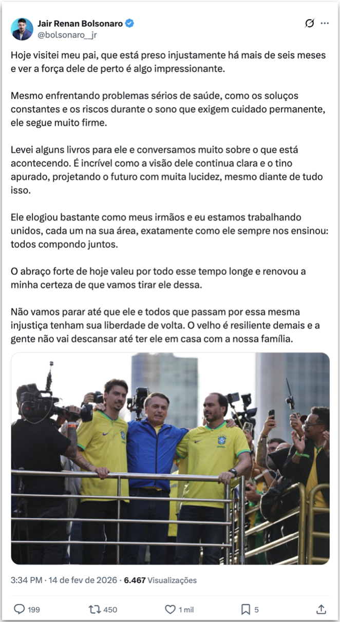 Jair Renan visita Bolsonaro na prisão: “O velho é resiliente”