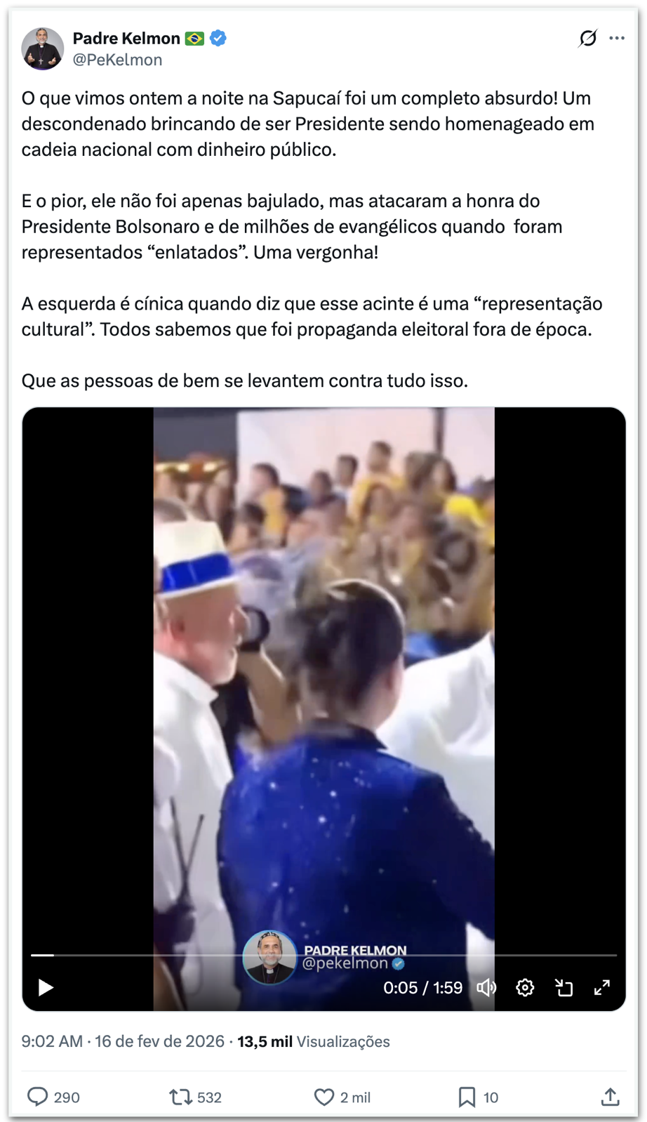 “Lula cuspiu na cara da Justiça”, diz Padre Kelmon sobre desfile