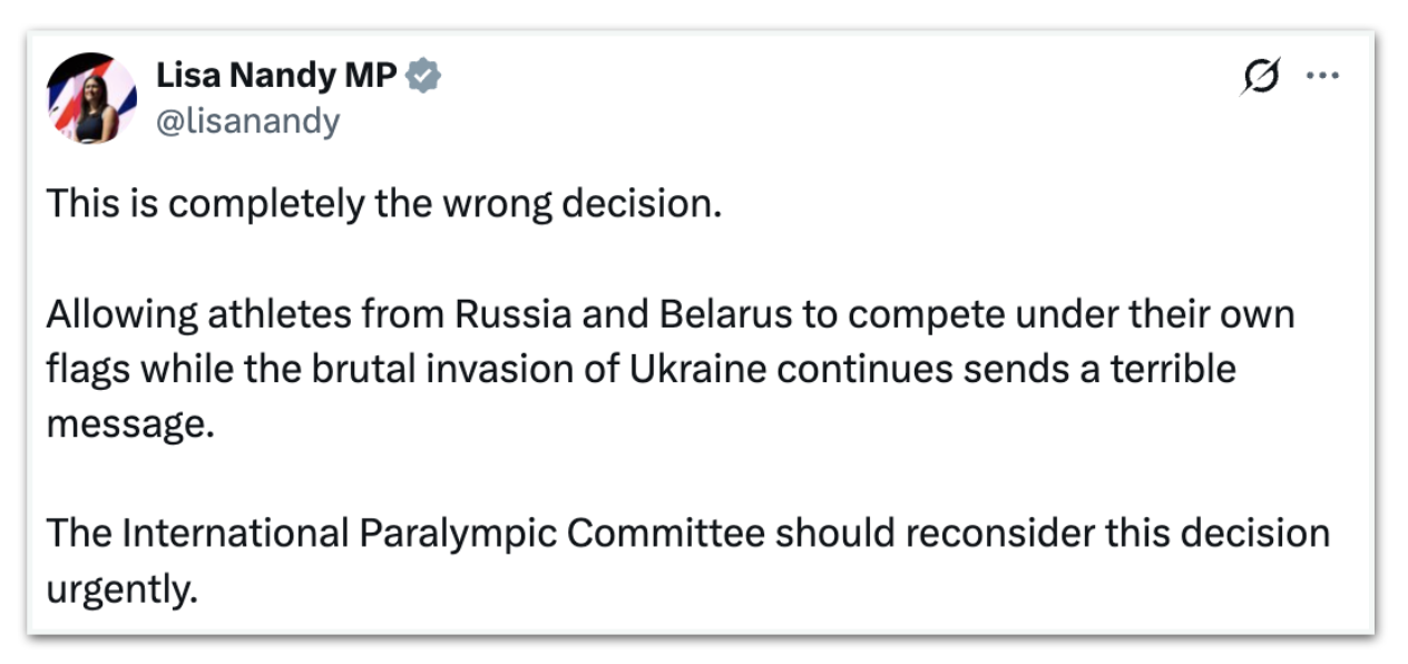 Lisa Nandy reage à participação russa nos Paralímpicos de Inverno
