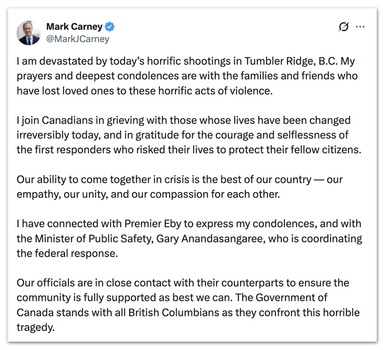 Mark Carney expressa condolências por ataque a tiros em escola