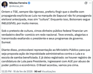 Nikolas diz que acionará MP contra Lula e Acadêmicos de Niterói