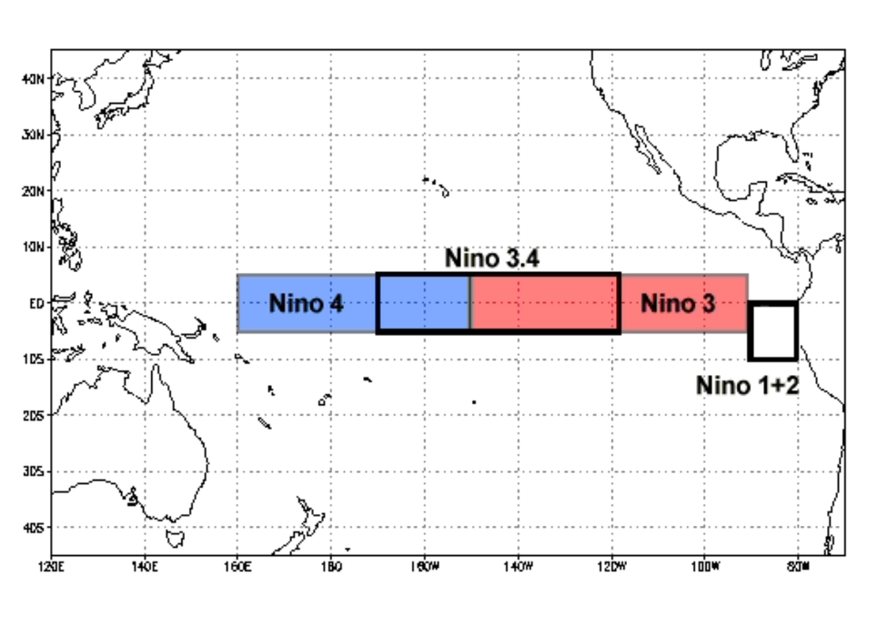 Imagem ilustrativa da região do Niño 3.4 utilizada para monitorar os fenômenos El Niño e La Niña. Créditos: NCEI/NOAA.