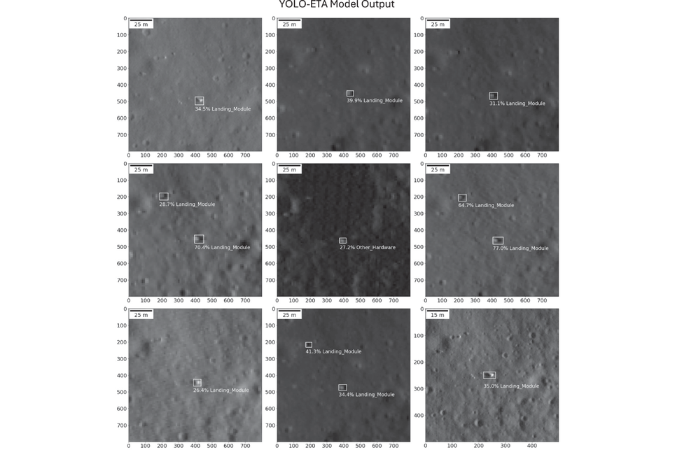 Modelo de inteligência artificial identifica possíveis regiões compatíveis com o local de pouso da Luna 9 na superfície lunar. Crédito: Pinault et al. 2026