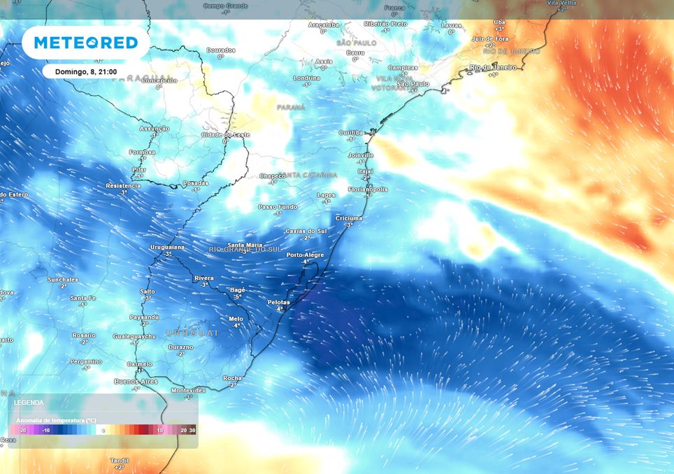 Previsão de ventos e anomalias de temperatura em 850 hPa.
