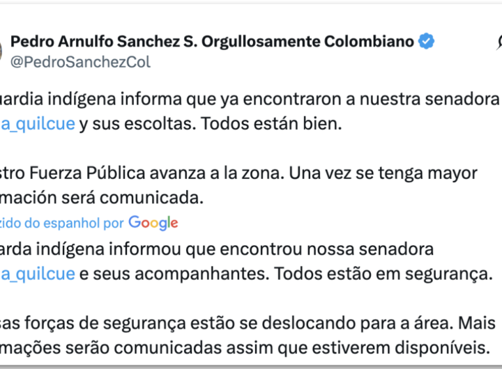 Senadora indígena é sequestrada e libertada na Colômbia