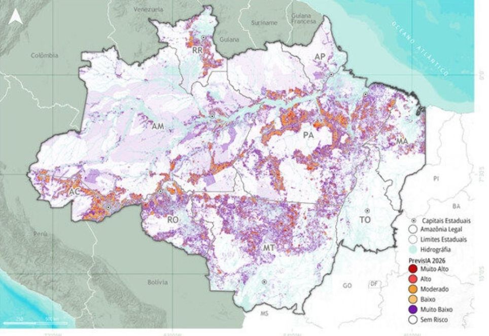 Mapa mostra áreas sob cinco categorias de risco de desmatamento: muito alto, alto, moderado, baixo e muito baixo. Imagem: Divulgação/Imazon ... - Veja mais em https://portalamazonia.com/meio-ambiente/ia-risco-desmatamento-amazonia/