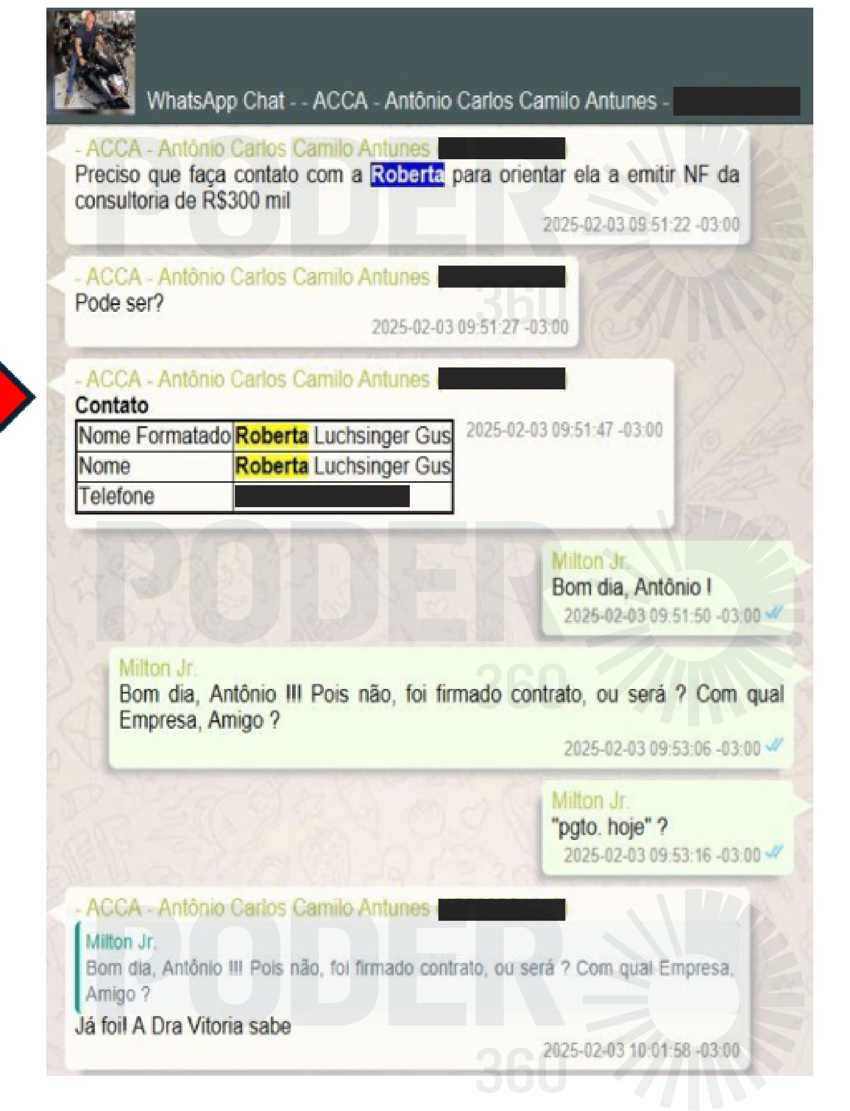 Em mensagens trocadas via WhatsApp o Careca do INSS instrui um de seus funcionários a orientar Roberta Luchsinger a emitir nota fiscal para o repasse de R$ 300.000.