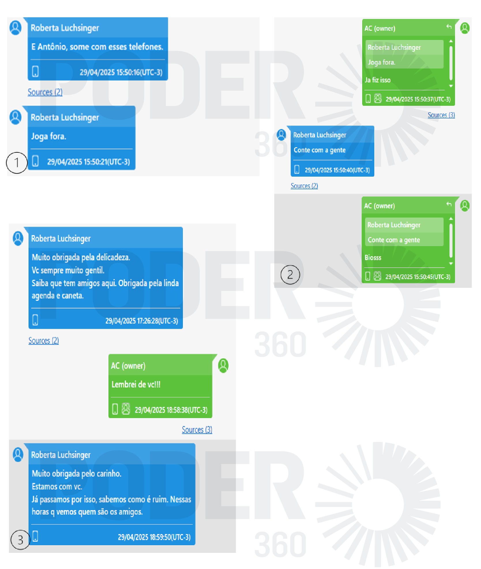 Mensagens mostram que Roberta Luchsinger demonstrou preocupação e pede que o Careca jogue fora seu celular.