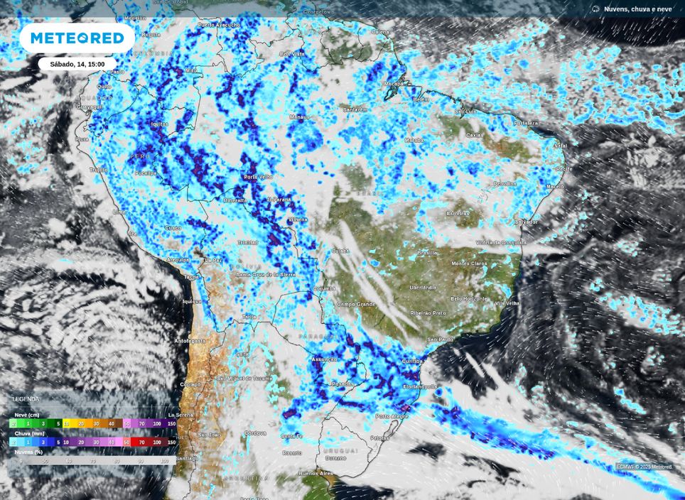 Previsão de chuva para a tarde deste sábado (14) sobre o Brasil.