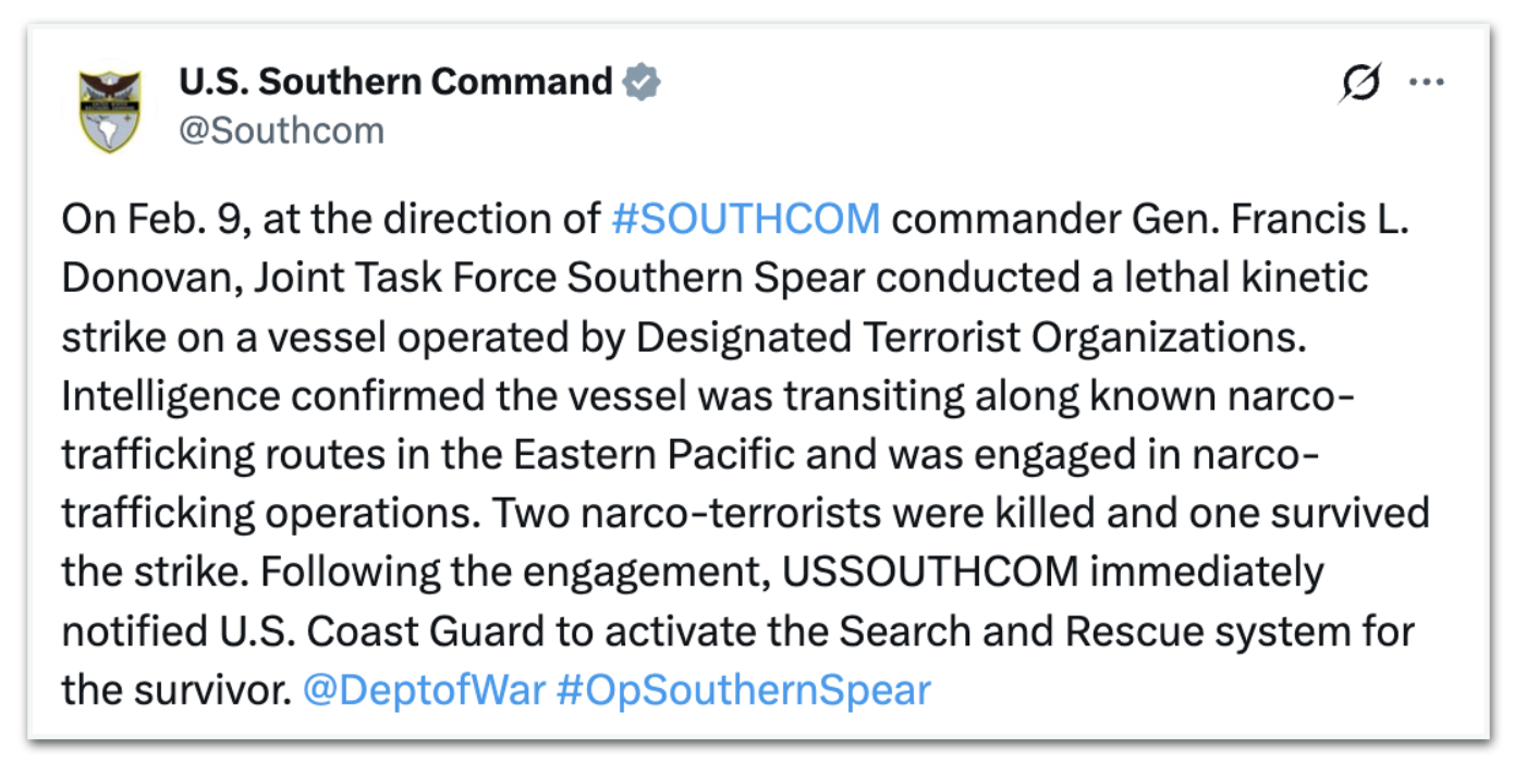 Comunicado do Southcom sobre novo ataque no Pacífico oriental