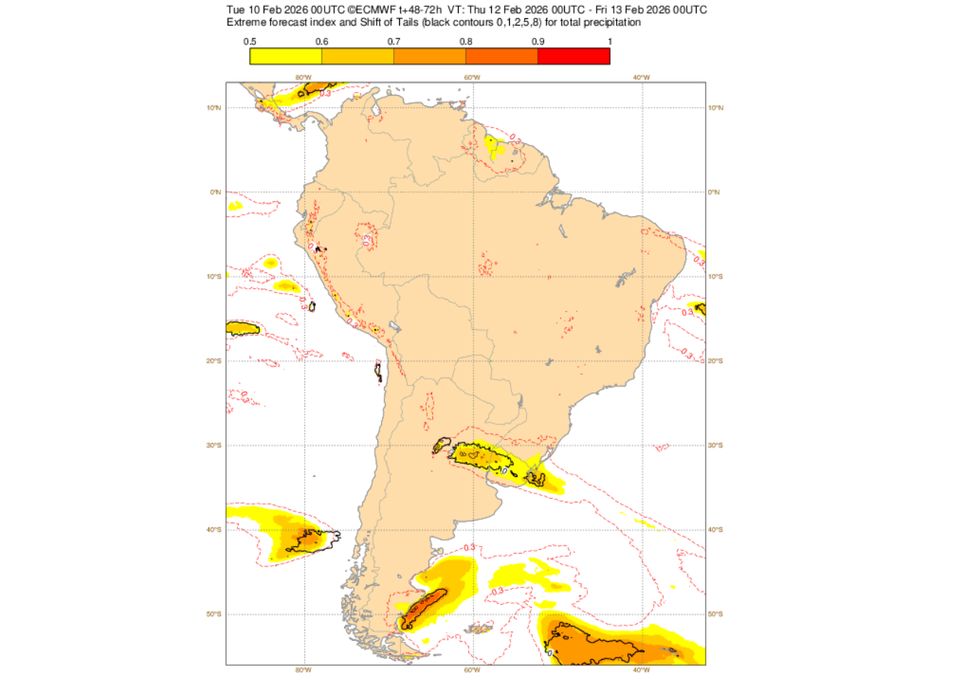 EFI do ECMWF para precipitação nesta quinta-feira (12). Créditos: ECMWF.