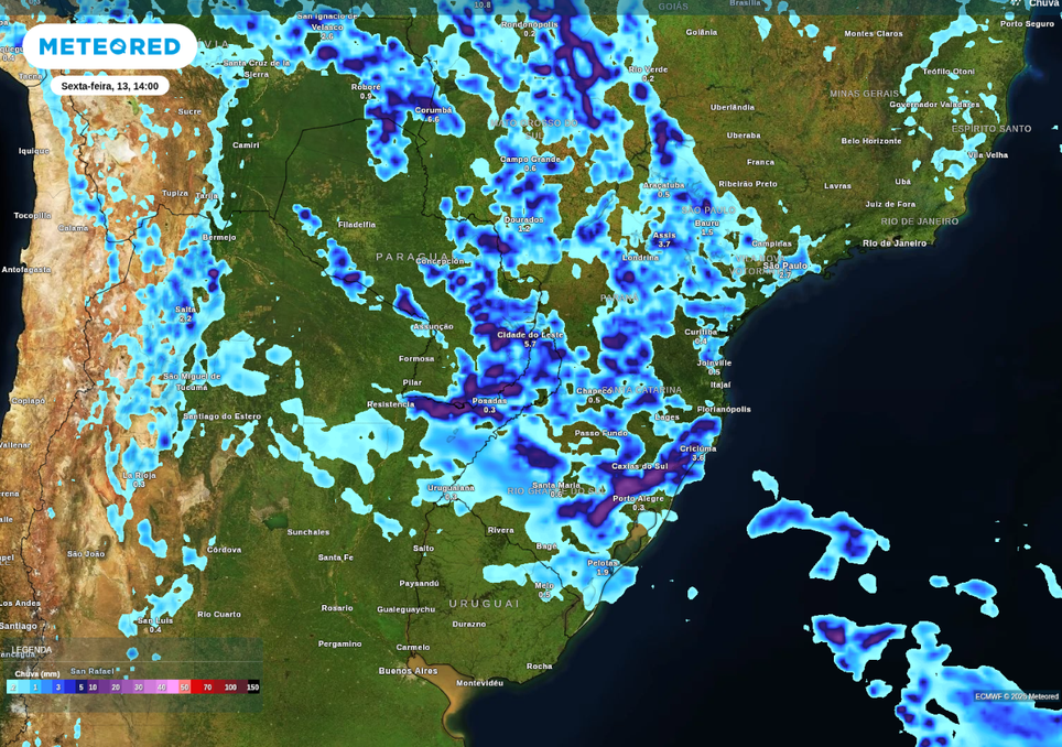 Previsão de chuva nesta sexta-feira (13), de acordo com o ECMWF.