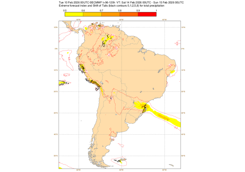 EFI do ECMWF para precipitação neste sábado (14). Créditos: ECMWF.