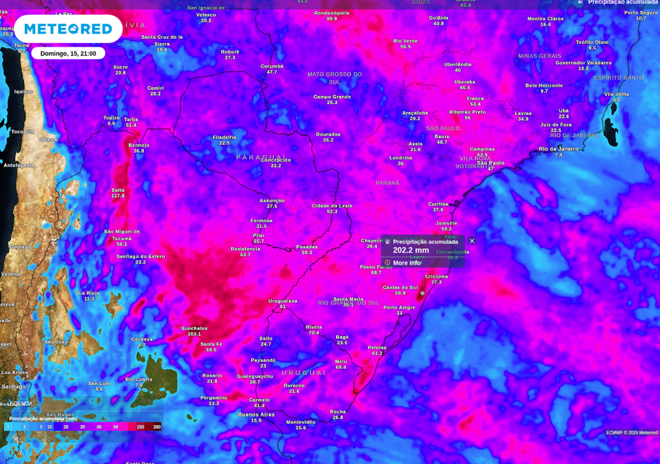 Previsão de chuva acumulada até o final de domingo (15), de acordo com o ECMWF.