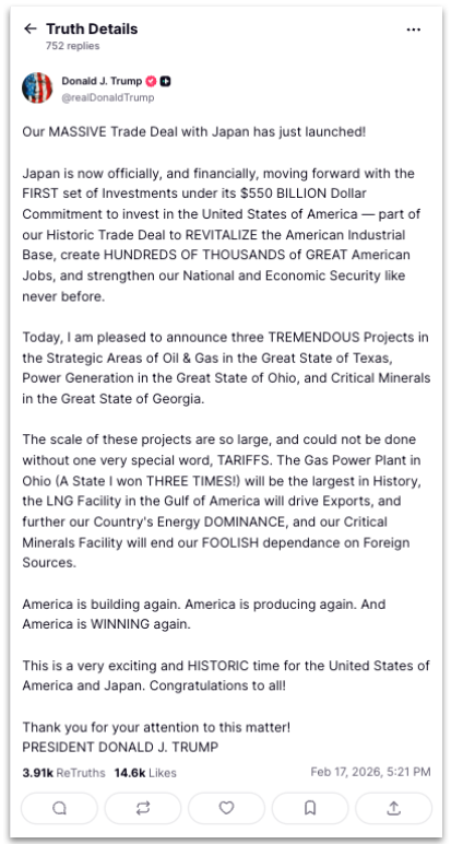 Publicação de Donald Trump sobre os projetos acordados entre EUA e Japão