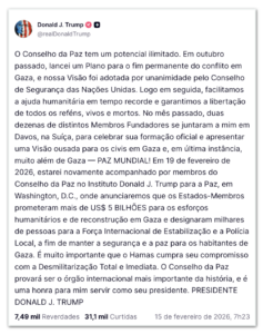 Conselho da Paz dará US$ 5 bi para reconstruir Gaza, diz Trump