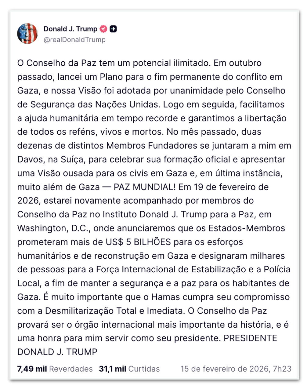Conselho da Paz dará US$ 5 bi para reconstruir Gaza, diz Trump