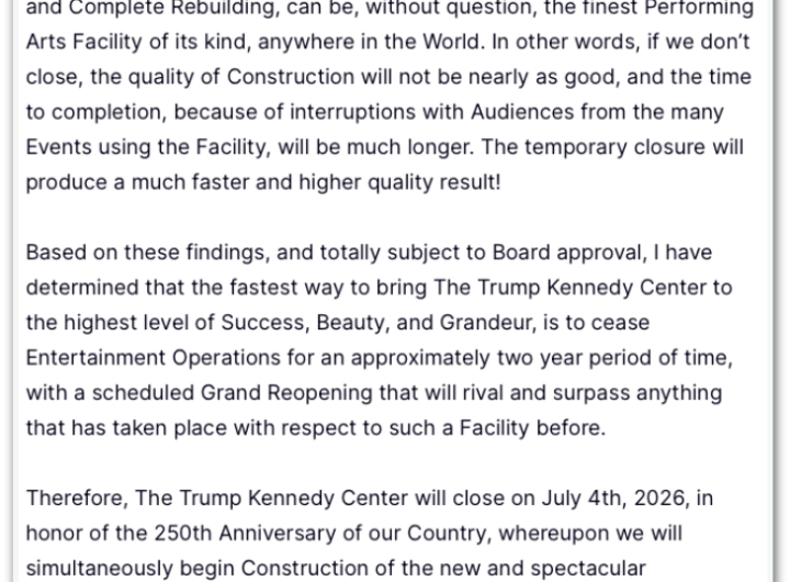 Trump manda fechar Kennedy Center por 2 anos para reforma