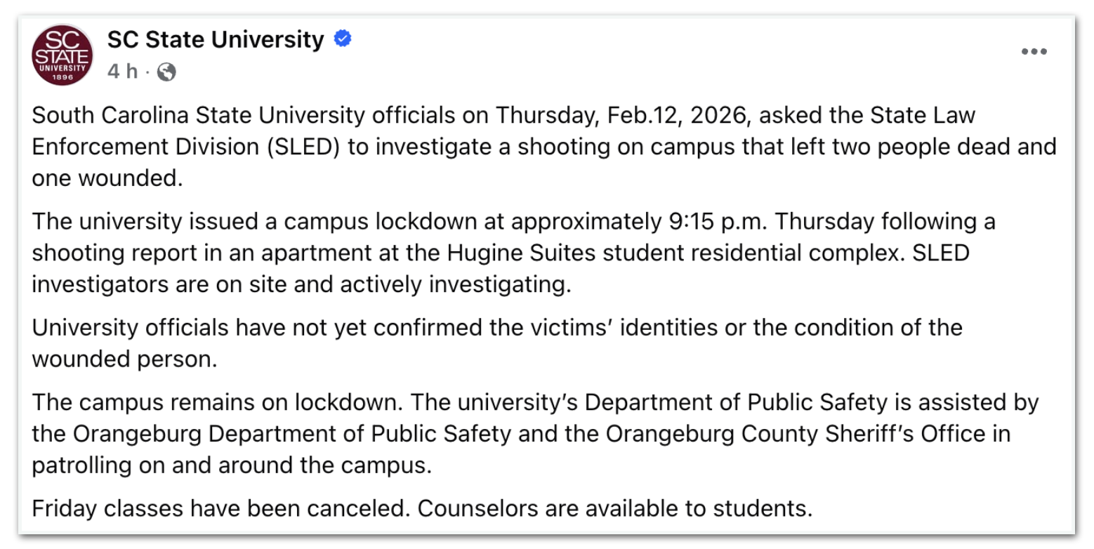 Comunicado da Universidade estadual da Carolina do Sul sobre o ataque no campus.
