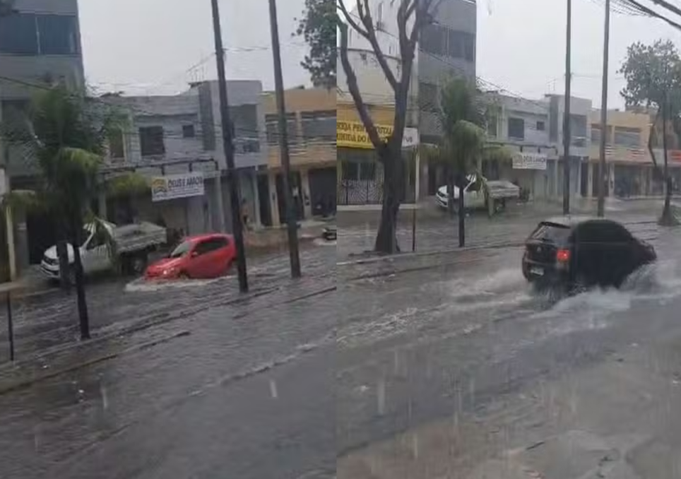Alagamento registrado na avenida Presidente Castelo Branco após chuvas em Fortaleza.