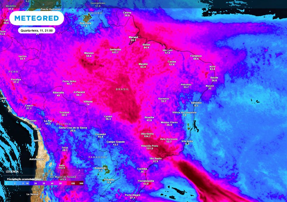 Previsão de acumulados totais de chuva até o final da quarta-feira.