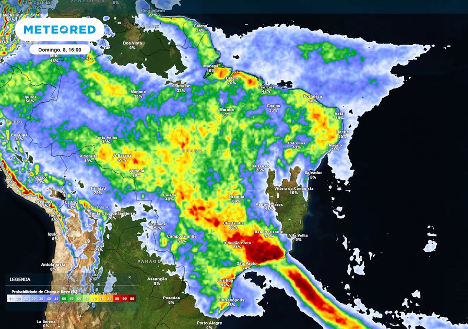 Previsão de probabilidade de chuva no domingo durante a tarde.