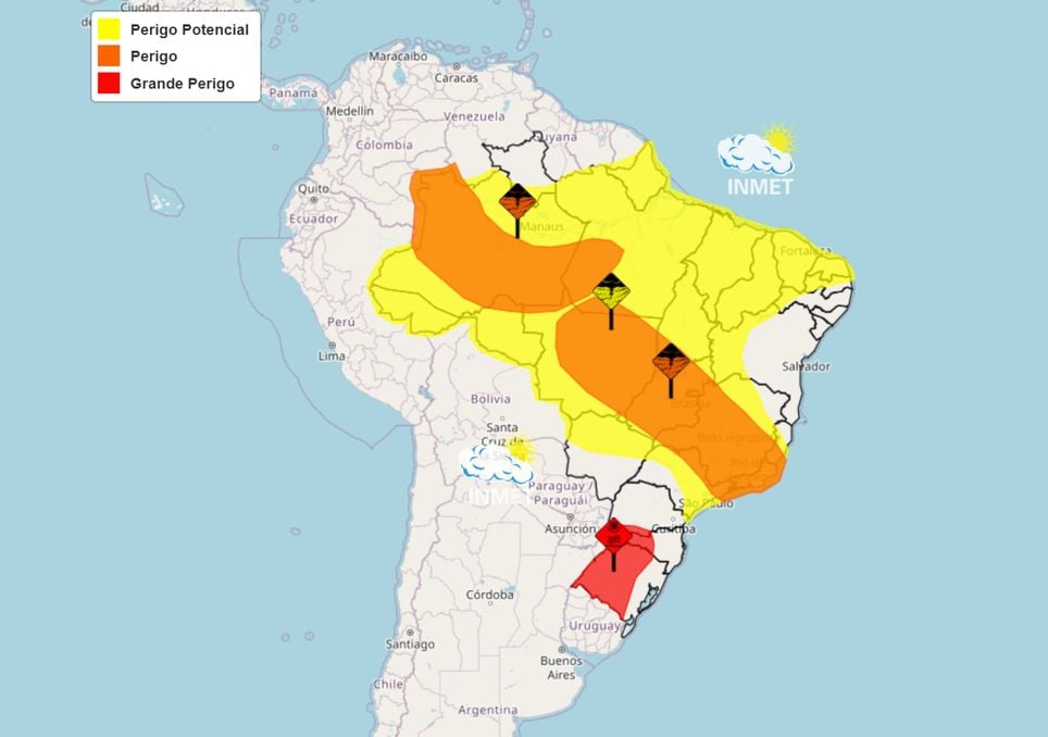 Mapa de alertas emitidos pelo INMET nesta quinta-feira.