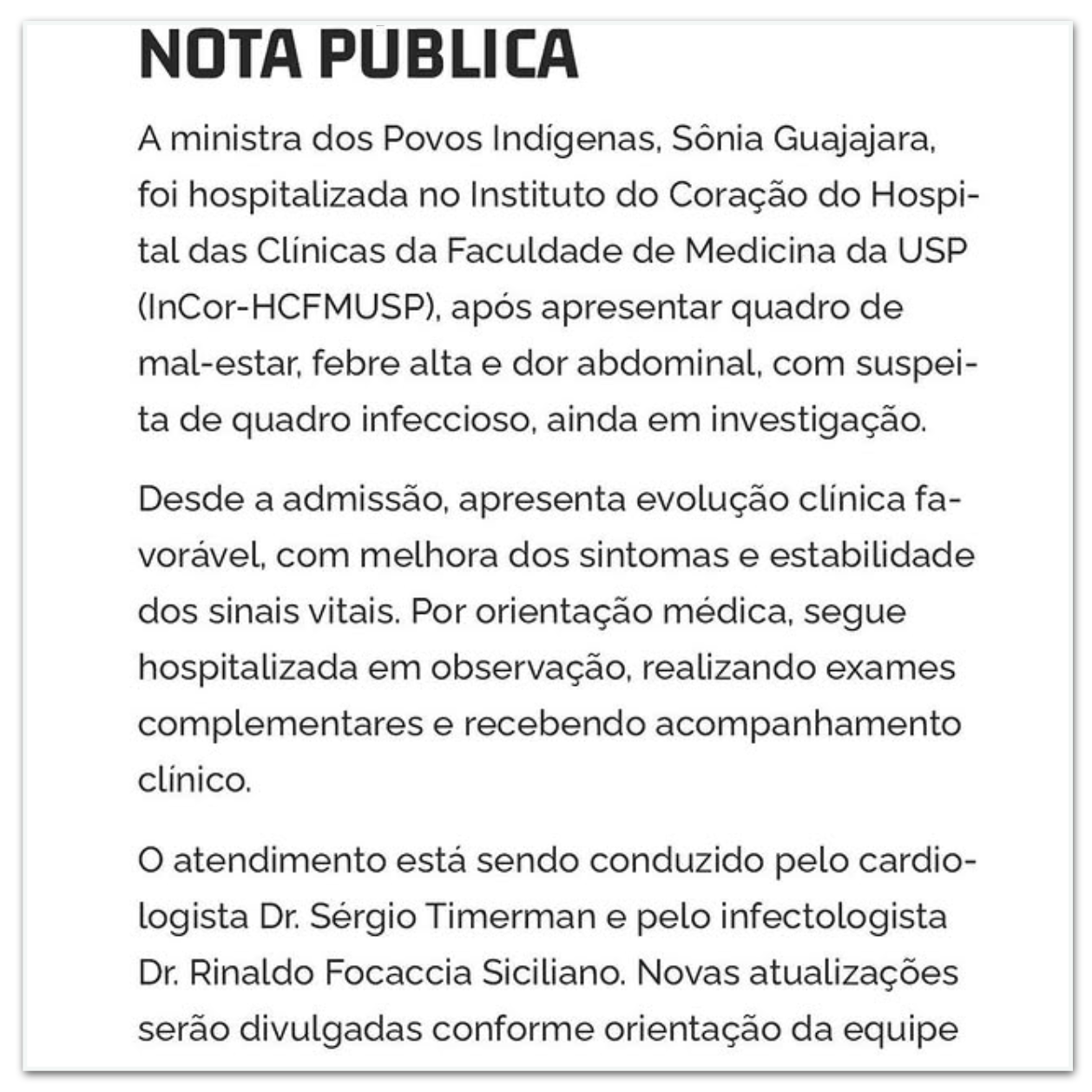 Nota Pública - Sonia Guajajara é internada em São Paulo | Divulgação | Instagram Sonia Guajajara