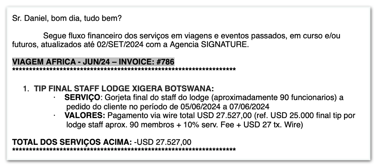 Recibo de gorjeta que Daniel Vorcaro deixou para funcionários no hotel em Botswana
