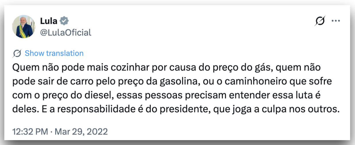 Publicação do presidente Lula, de Março 2022, criticando a alta dos preços de combustíveis
