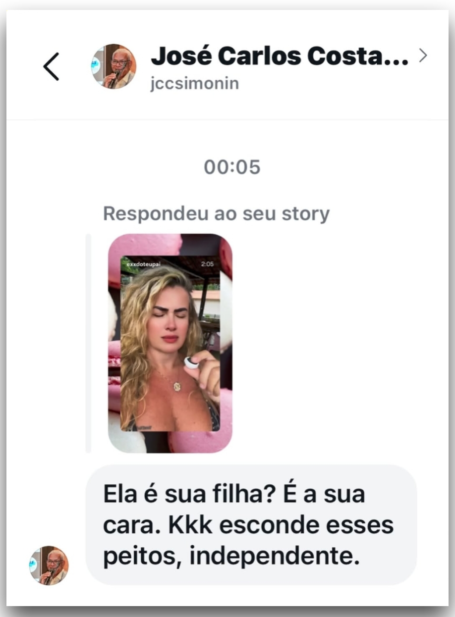 Print de mensagem enviada por José Carlos Simonin para Sherazade Medina | reprodução/Instagram @exxdoteupai - 11.mar.2026 