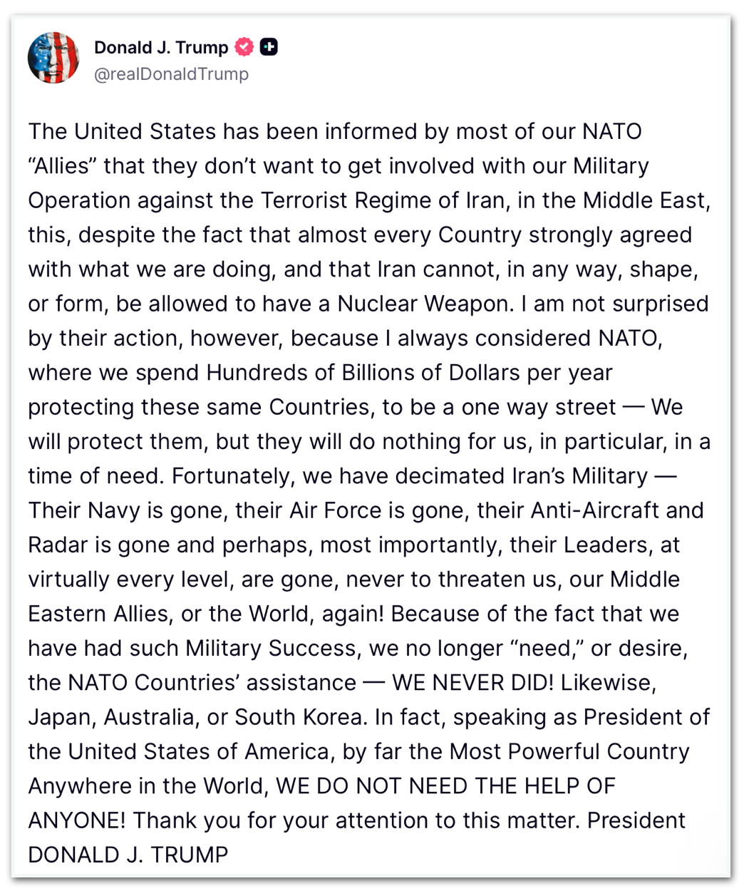 Publicação de Donald Trump sobre a operação militar que bombardeou o estreito de Ormuz