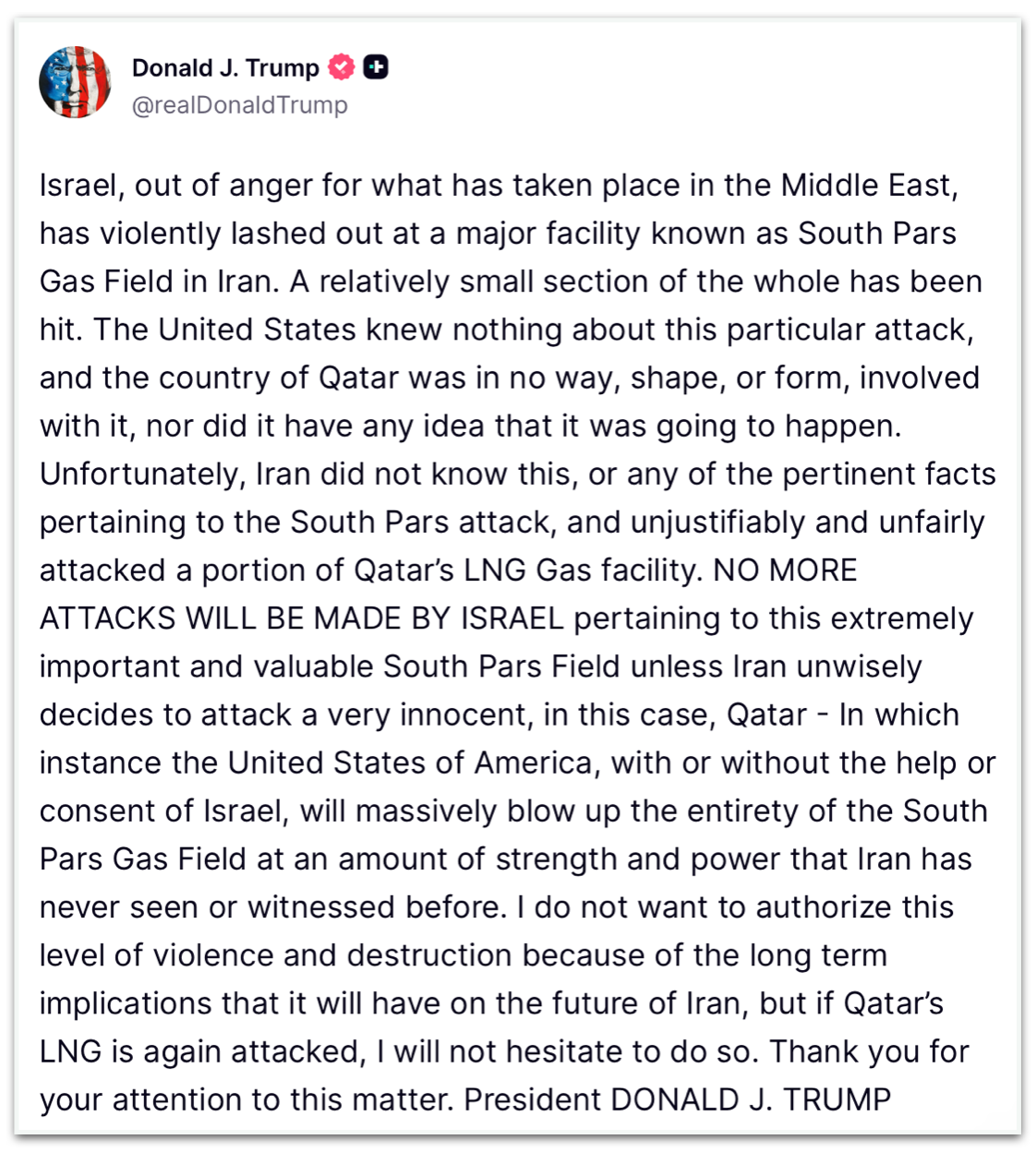Publicação de Donald Trump afirmando que Israel atacou o campo de gás South Pars, no Irã