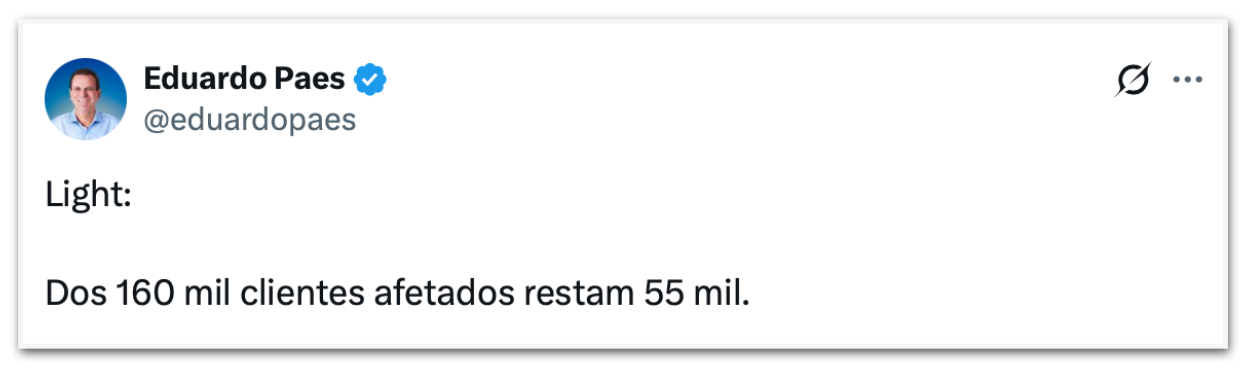 Publicação de Eduardo Paes sobre a queda de energia no Rio de Janeiro
