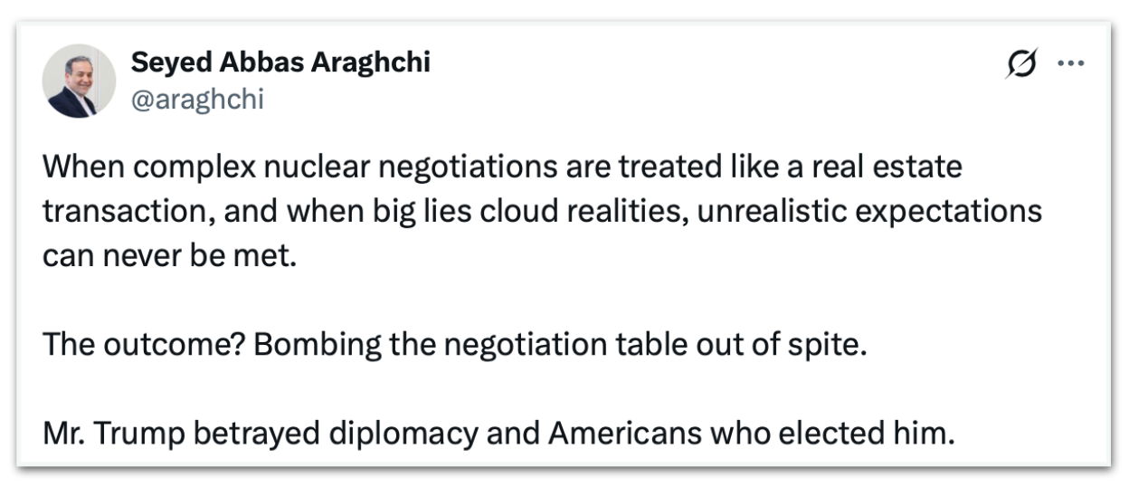 Publicação de Seyed Abbas Araghchi, ministro de Relações Exteriores do Irã, sobre Donald Trump ter atacado o Irã "por rancor"