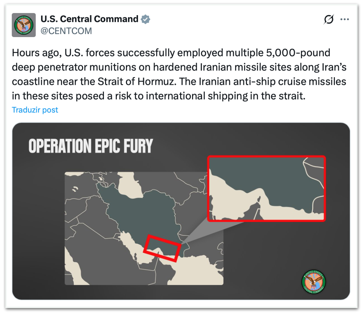 Publicação do Comando Central dos EUA sobre o ataque ao estreito de Ormuz
