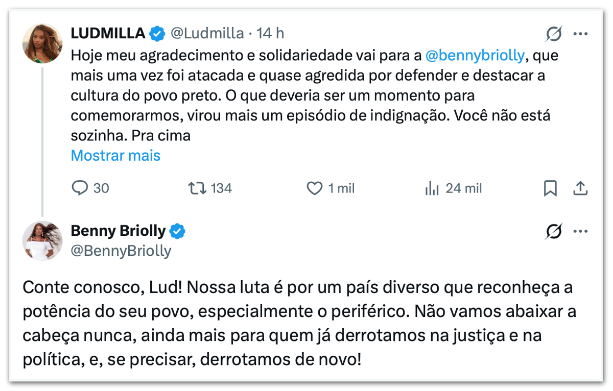 Publicação da cantora Ludmilla em solidariedade a vereadora Benny Briolly