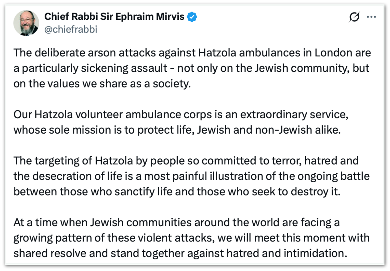 Publicação do rabino-chefe do Reino Unido, Ephraim Mirvis, onde classificou o ocorrido como um “ataque repugnante” não apenas contra a comunidade judaica, “mas também contra os valores” compartilhados como sociedade.