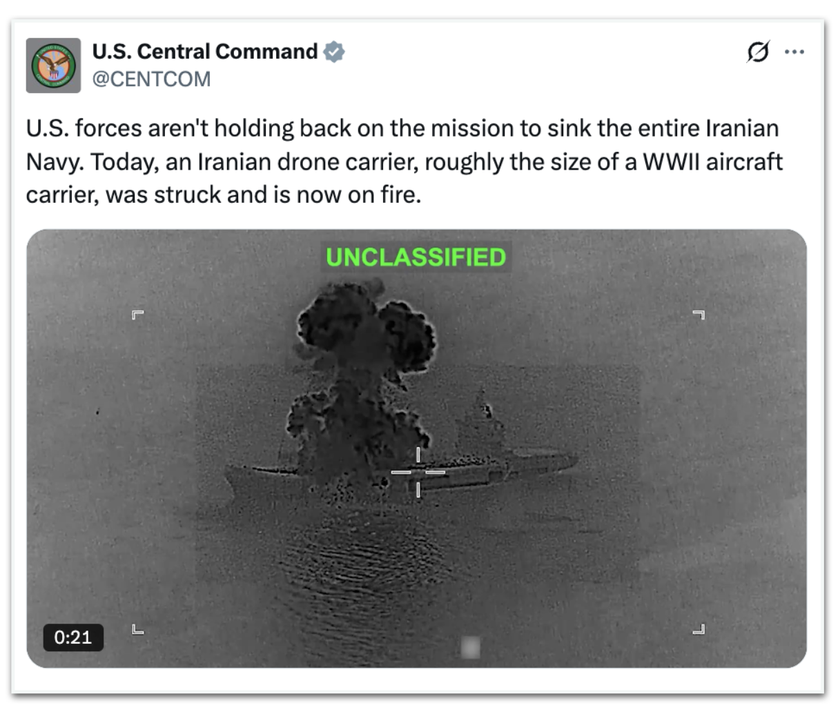 Comando Central dos EUA anuncia ataque a porta-drones iraniano