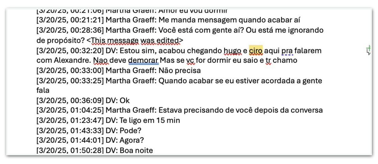 Troca de mensagens entre Daniel Vorcaro e Martha Graeff