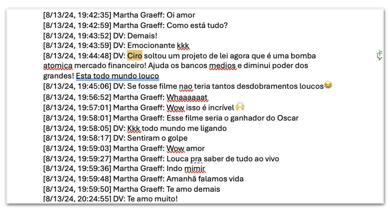 Troca de mensagens entre Martha Graeff e Daniel Vorcaro