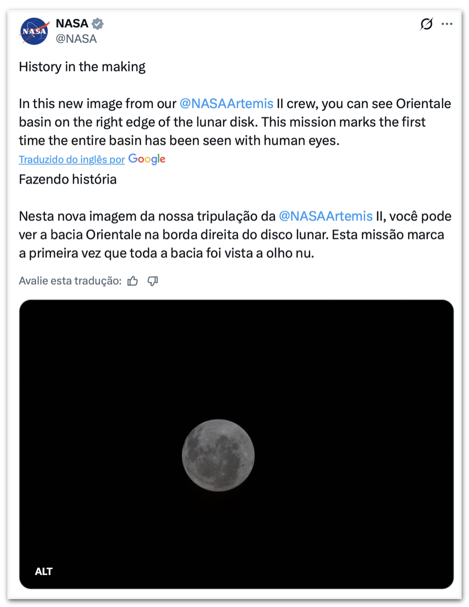 Publicação da Nasa com imagem que mostra a bacia Orientale, na borda direita do disco Luna. Esta foi a primeira vez que toda a bacia foi vista a olho nu.