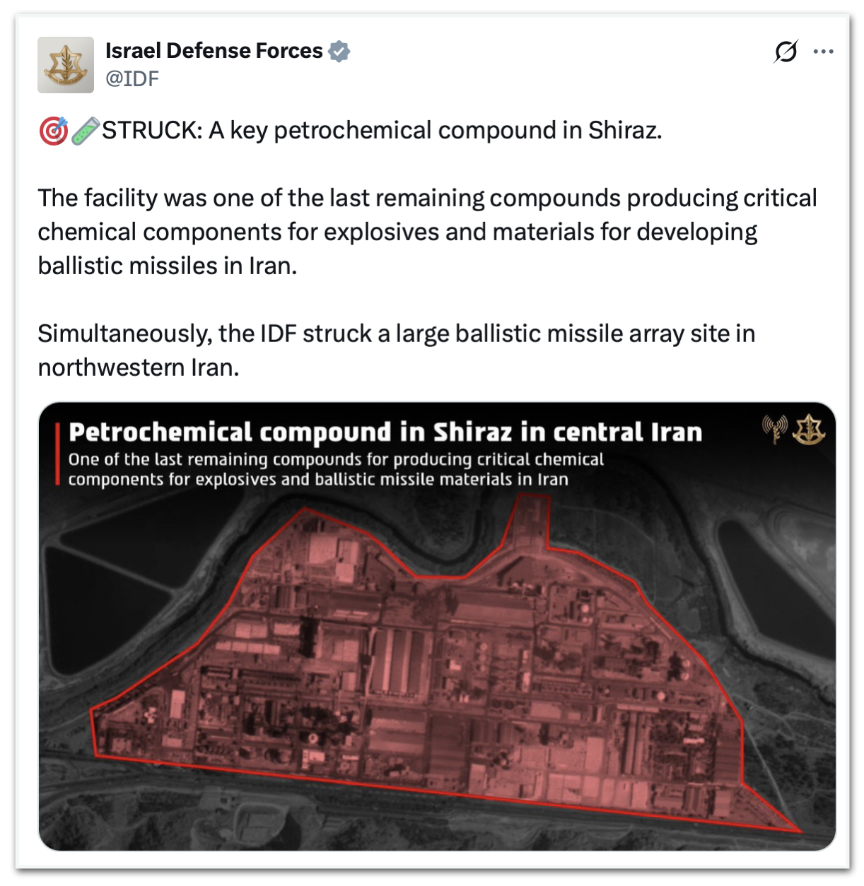 Publicação das Forças de Defesa Israelenses informando o ataque a um “complexo petroquímico fundamental” no Irã