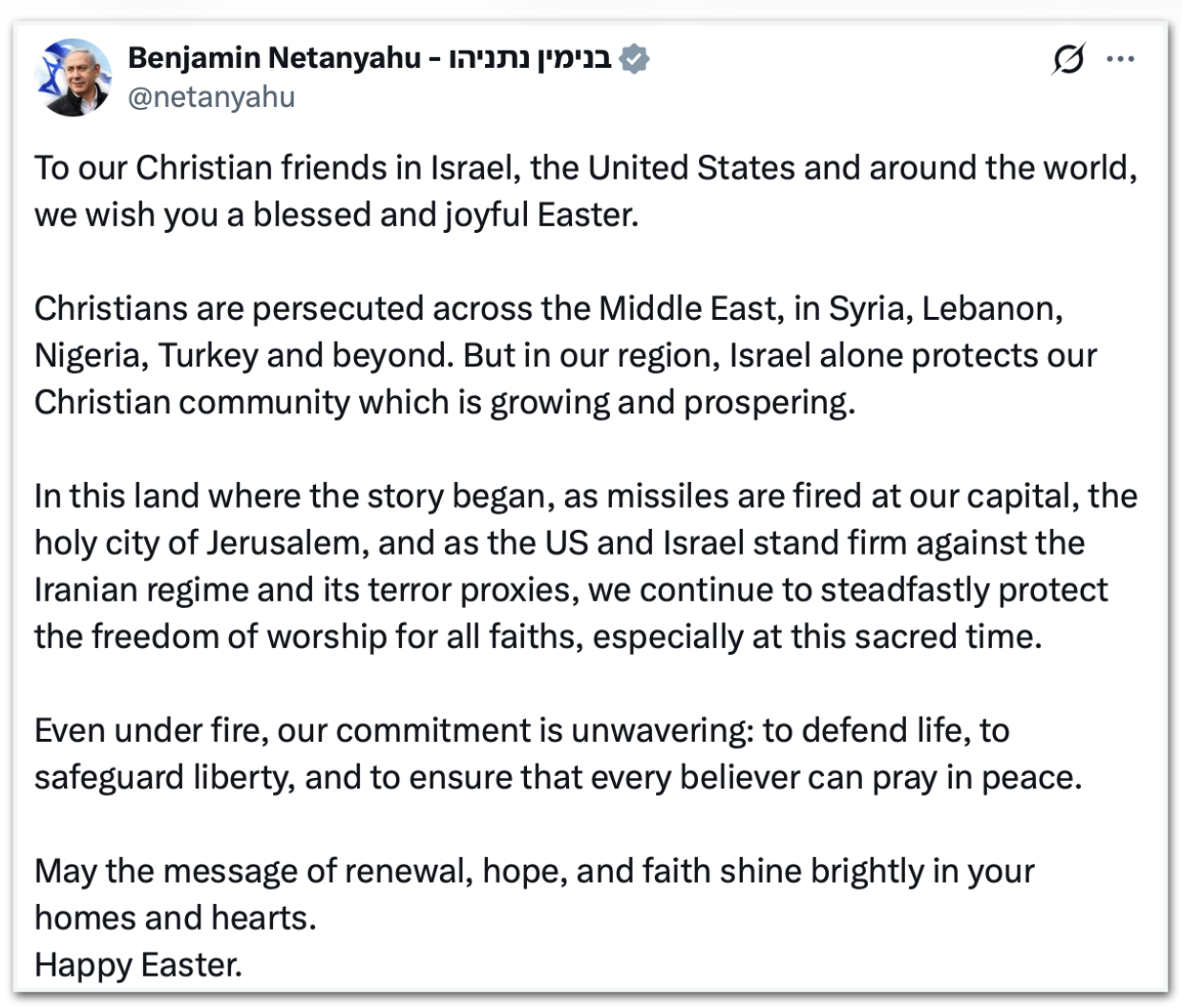 Publicação de Benjamin Netanyahu desejando uma proveitosa e abençoada Páscoa aos amigos cristãos em Israel, Estados Unidos e em todo o mundo.