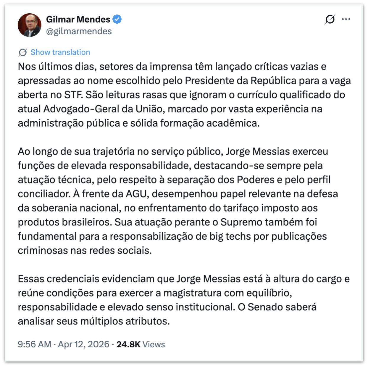 Publicação de Gilmar Mendes sobre Jorge Messias