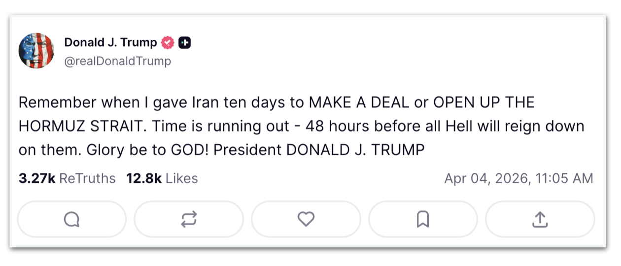 Publicação de Donald Trump sobre o prazo estabelecido para a realização de um acordo com o Irã que caso não seja cumprido, o inferno irá se abater contra eles.